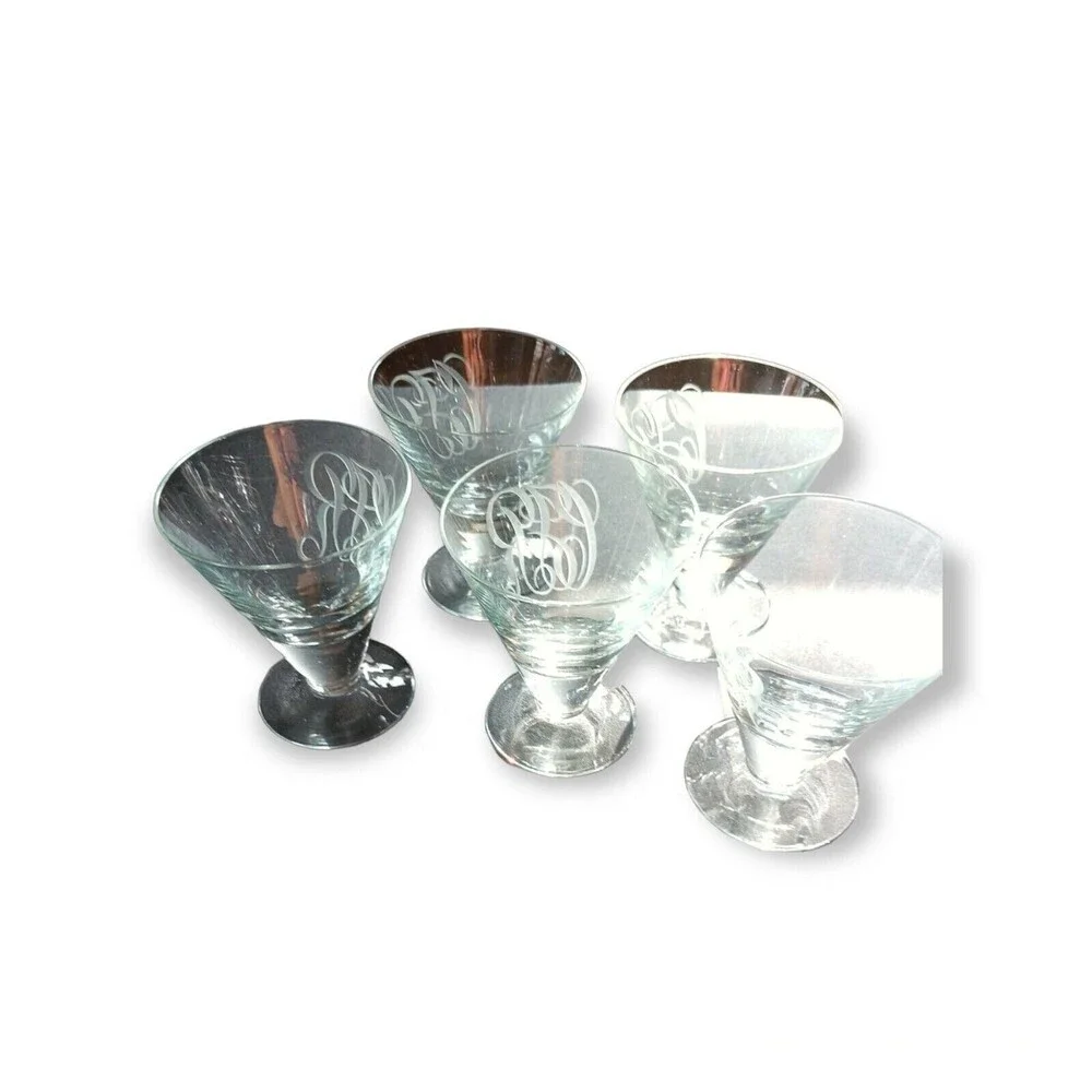 Engraved Etched Monogram Stemless Footed Cordial Glasses LOT 5 Vintage